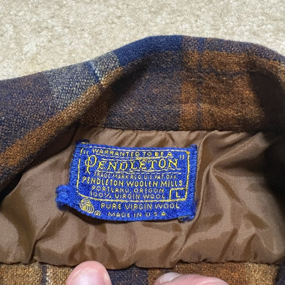 Vtg Pendleton Shirt Mens Large Brown Plaid Wool Flannel Loop Collar Made USA 60s - Picture 6 of 12